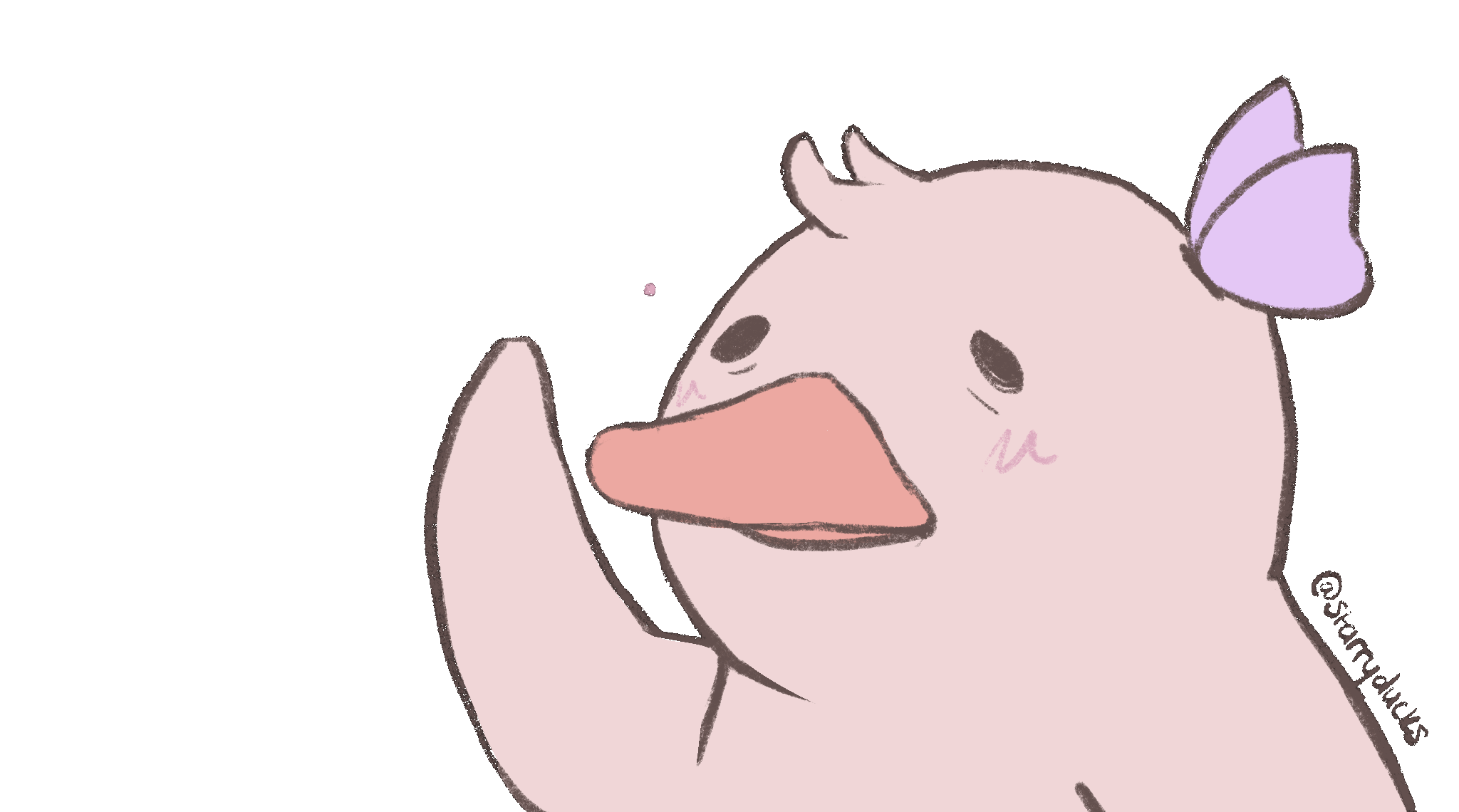 duck waving with a butterfly on her head